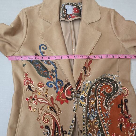 Chico's Paisley Faux Suede 1 Button Jacket Long Boho Duster Size 0 US S/M - Picture 3 of 4